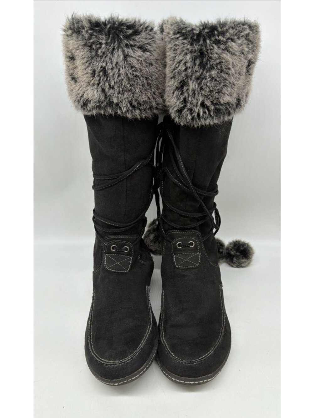 American Eagle Black Mallory Boots Gray Faux Fur Trim Pom-Pom Accents Womens 12